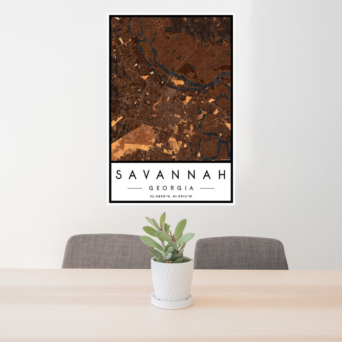 24x36 Savannah Georgia Map Print Portrait Orientation in Ember Style Behind 2 Chairs Table and Potted Plant