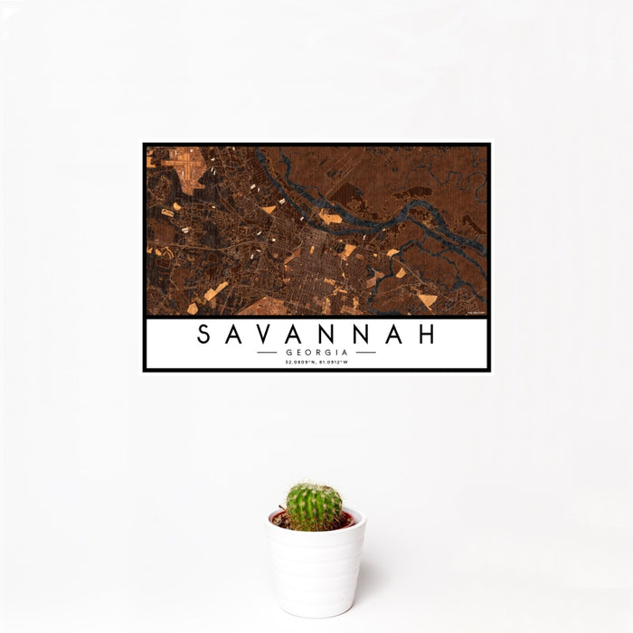 12x18 Savannah Georgia Map Print Landscape Orientation in Ember Style With Small Cactus Plant in White Planter