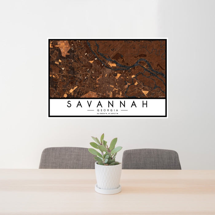 24x36 Savannah Georgia Map Print Landscape Orientation in Ember Style Behind 2 Chairs Table and Potted Plant