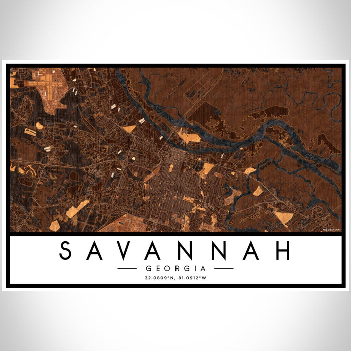 Savannah Georgia Map Print Landscape Orientation in Ember Style With Shaded Background