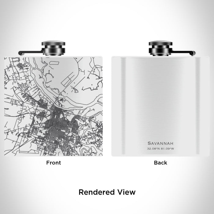 Rendered View of Savannah Georgia Map Engraving on 6oz Stainless Steel Flask in White