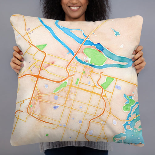 Person holding 22x22 Custom Savannah Georgia Map Throw Pillow in Watercolor