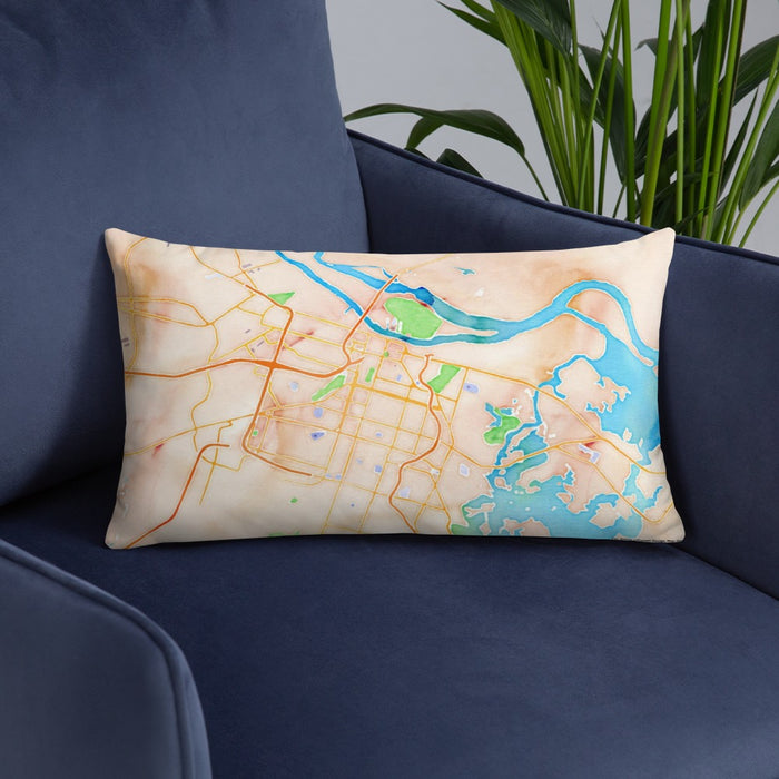 Custom Savannah Georgia Map Throw Pillow in Watercolor on Blue Colored Chair