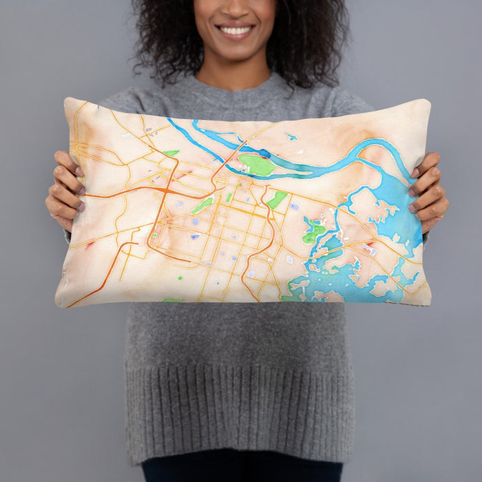 Person holding 20x12 Custom Savannah Georgia Map Throw Pillow in Watercolor
