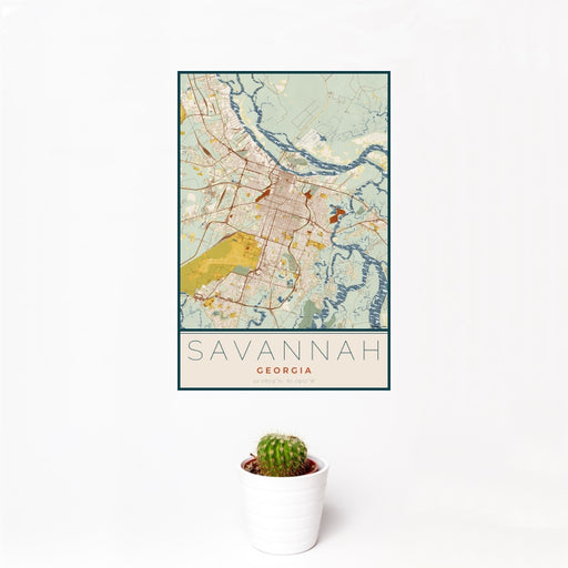 12x18 Savannah Georgia Map Print Portrait Orientation in Woodblock Style With Small Cactus Plant in White Planter
