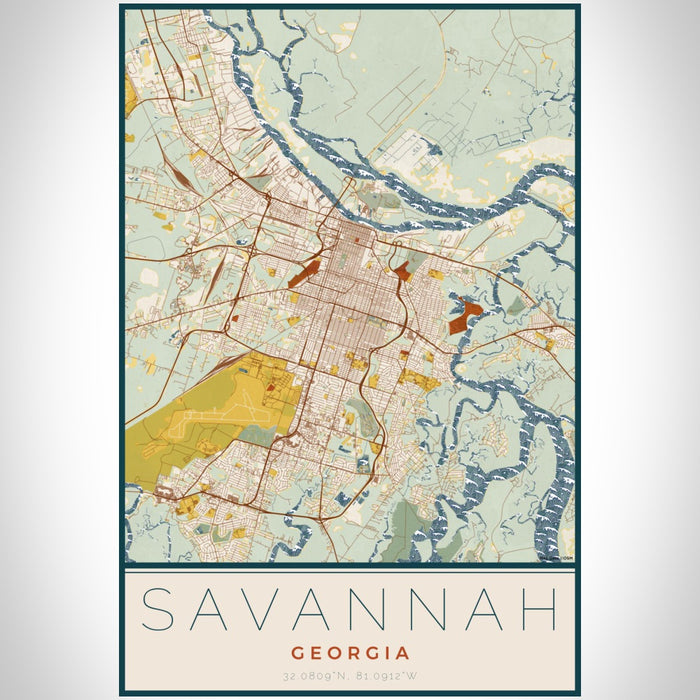 Savannah Georgia Map Print Portrait Orientation in Woodblock Style With Shaded Background
