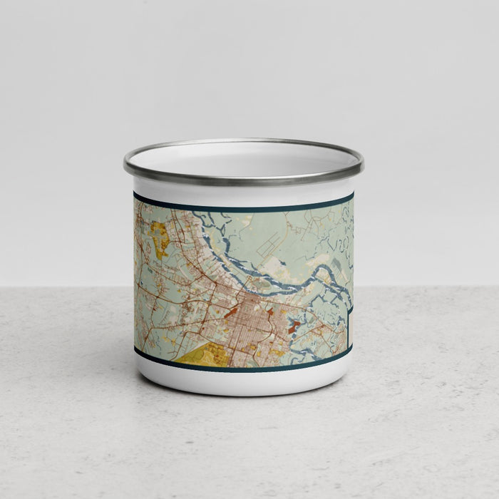 Front View Custom Savannah Georgia Map Enamel Mug in Woodblock