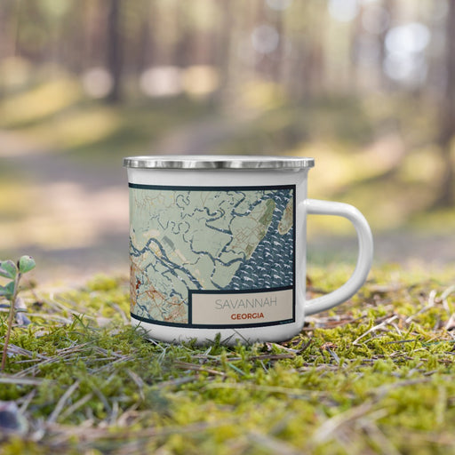 Right View Custom Savannah Georgia Map Enamel Mug in Woodblock on Grass With Trees in Background
