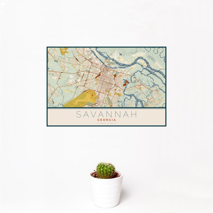 12x18 Savannah Georgia Map Print Landscape Orientation in Woodblock Style With Small Cactus Plant in White Planter