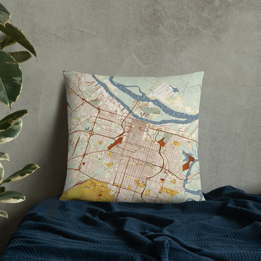 Custom Savannah Georgia Map Throw Pillow in Woodblock on Bedding Against Wall