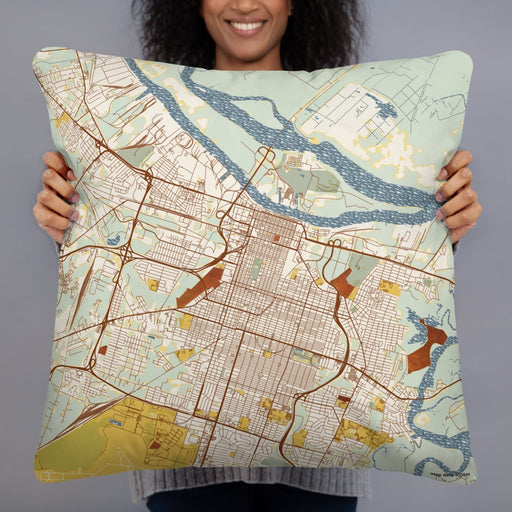 Person holding 22x22 Custom Savannah Georgia Map Throw Pillow in Woodblock