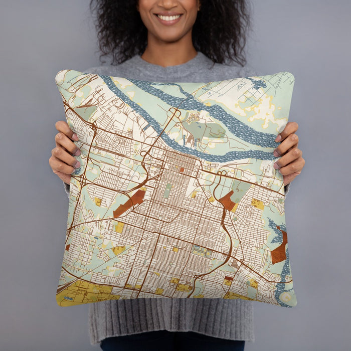 Person holding 18x18 Custom Savannah Georgia Map Throw Pillow in Woodblock