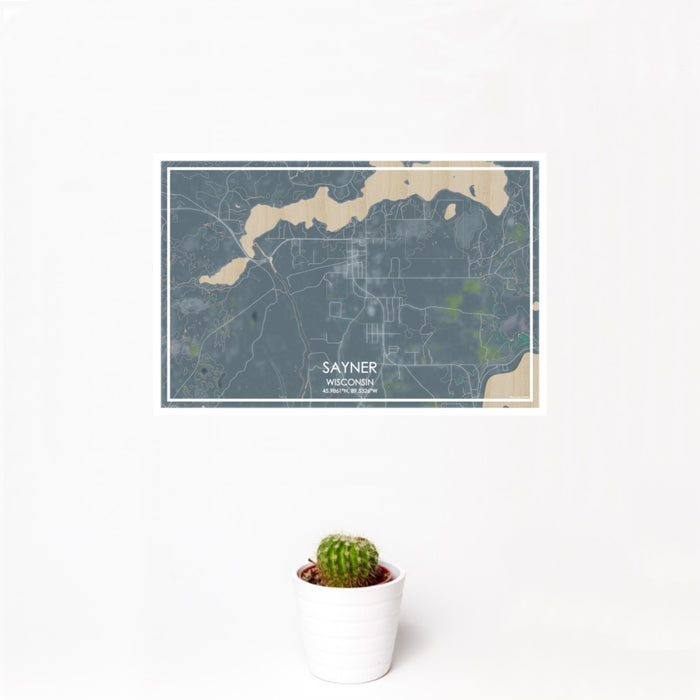 12x18 Sayner Wisconsin Map Print Landscape Orientation in Afternoon Style With Small Cactus Plant in White Planter