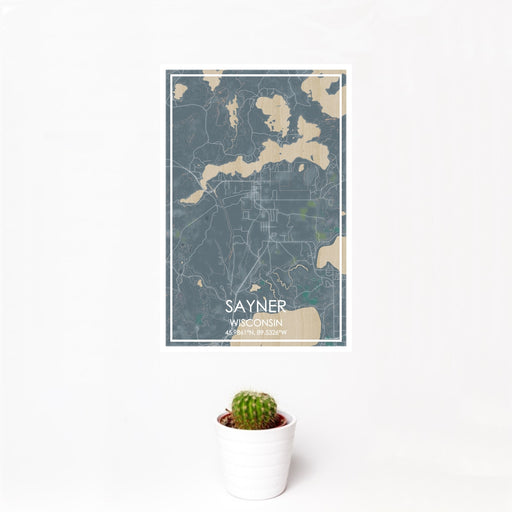 12x18 Sayner Wisconsin Map Print Portrait Orientation in Afternoon Style With Small Cactus Plant in White Planter
