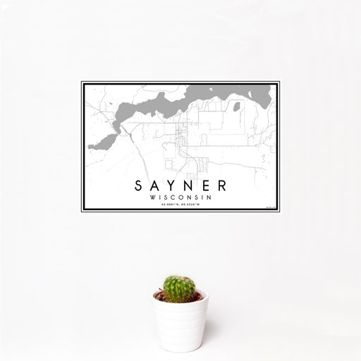 12x18 Sayner Wisconsin Map Print Landscape Orientation in Classic Style With Small Cactus Plant in White Planter