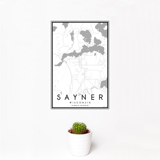 12x18 Sayner Wisconsin Map Print Portrait Orientation in Classic Style With Small Cactus Plant in White Planter
