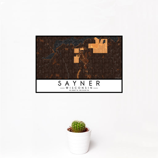 12x18 Sayner Wisconsin Map Print Landscape Orientation in Ember Style With Small Cactus Plant in White Planter