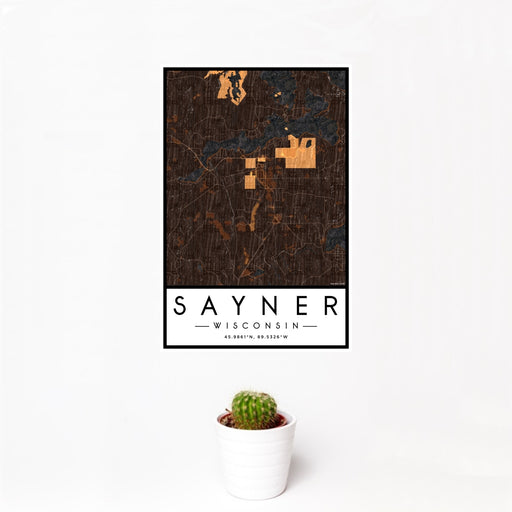 12x18 Sayner Wisconsin Map Print Portrait Orientation in Ember Style With Small Cactus Plant in White Planter