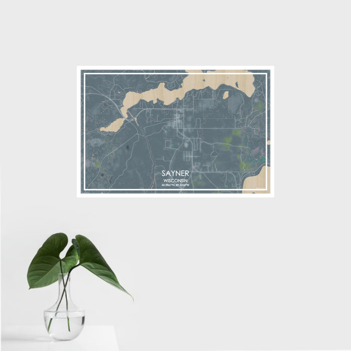 16x24 Sayner Wisconsin Map Print Landscape Orientation in Afternoon Style With Tropical Plant Leaves in Water