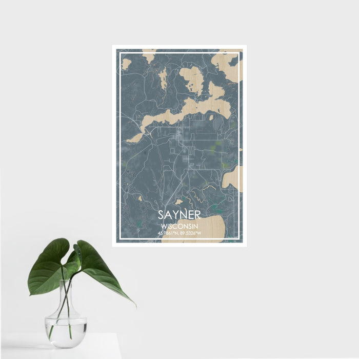 16x24 Sayner Wisconsin Map Print Portrait Orientation in Afternoon Style With Tropical Plant Leaves in Water