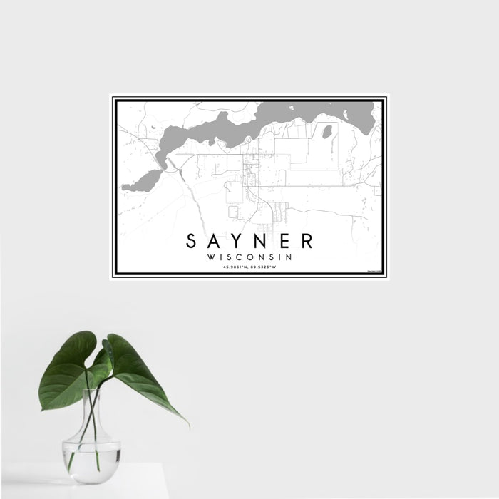 16x24 Sayner Wisconsin Map Print Landscape Orientation in Classic Style With Tropical Plant Leaves in Water