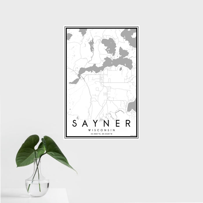 16x24 Sayner Wisconsin Map Print Portrait Orientation in Classic Style With Tropical Plant Leaves in Water