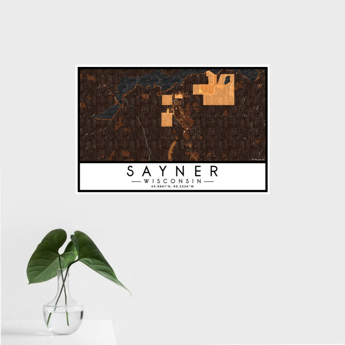 16x24 Sayner Wisconsin Map Print Landscape Orientation in Ember Style With Tropical Plant Leaves in Water