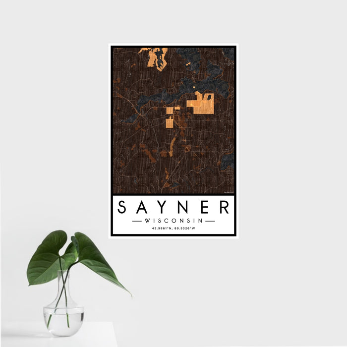16x24 Sayner Wisconsin Map Print Portrait Orientation in Ember Style With Tropical Plant Leaves in Water