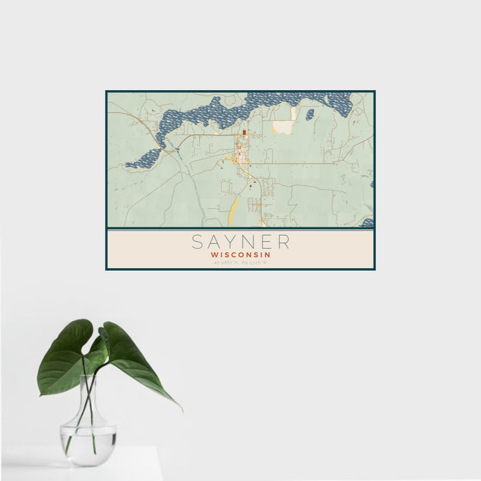 16x24 Sayner Wisconsin Map Print Landscape Orientation in Woodblock Style With Tropical Plant Leaves in Water
