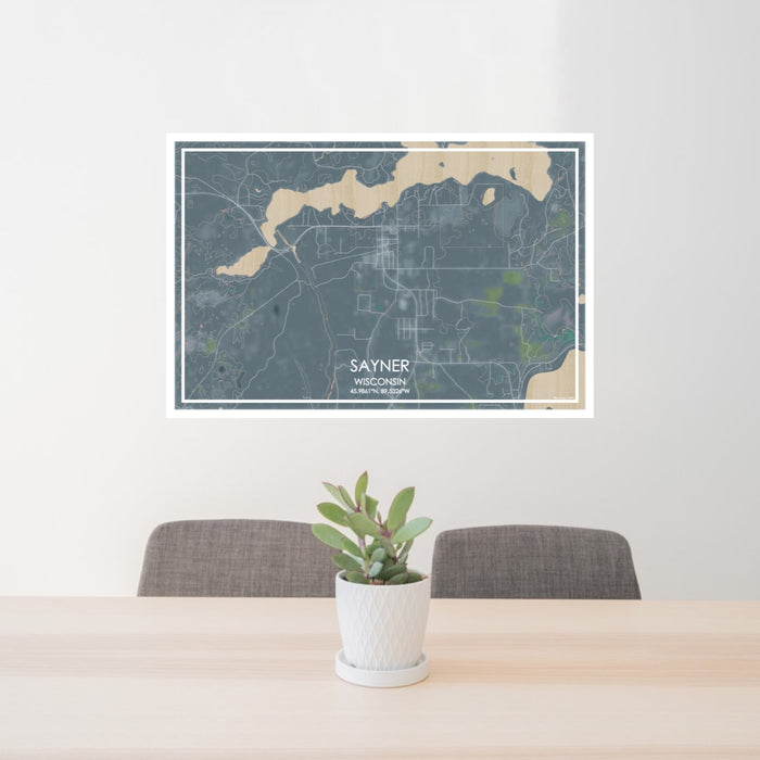 24x36 Sayner Wisconsin Map Print Lanscape Orientation in Afternoon Style Behind 2 Chairs Table and Potted Plant