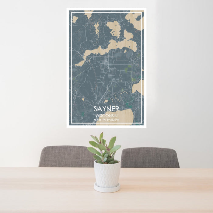 24x36 Sayner Wisconsin Map Print Portrait Orientation in Afternoon Style Behind 2 Chairs Table and Potted Plant
