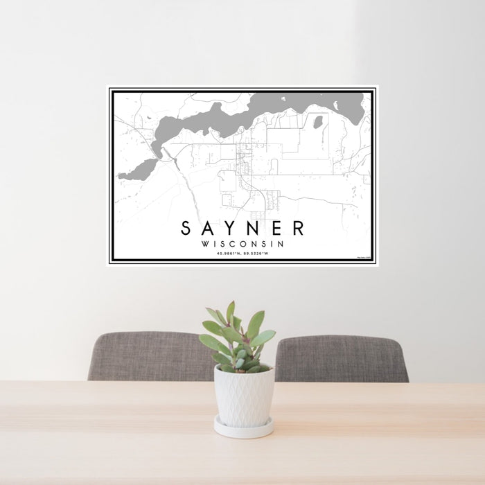 24x36 Sayner Wisconsin Map Print Lanscape Orientation in Classic Style Behind 2 Chairs Table and Potted Plant