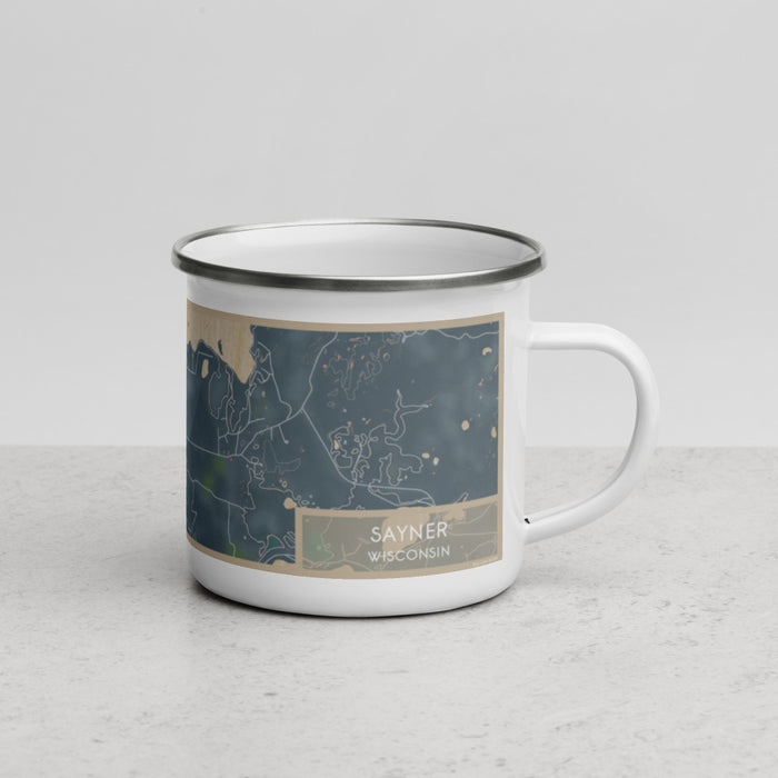 Right View Custom Sayner Wisconsin Map Enamel Mug in Afternoon