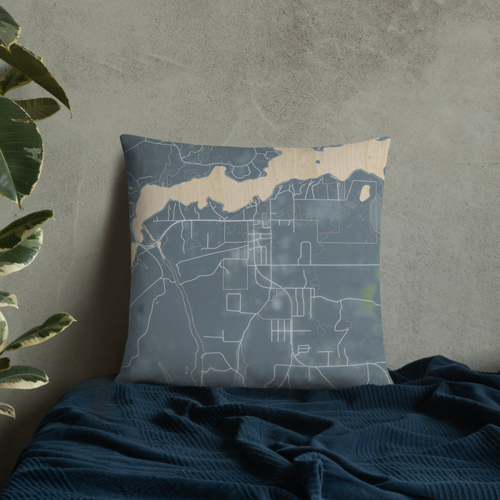 Custom Sayner Wisconsin Map Throw Pillow in Afternoon on Bedding Against Wall