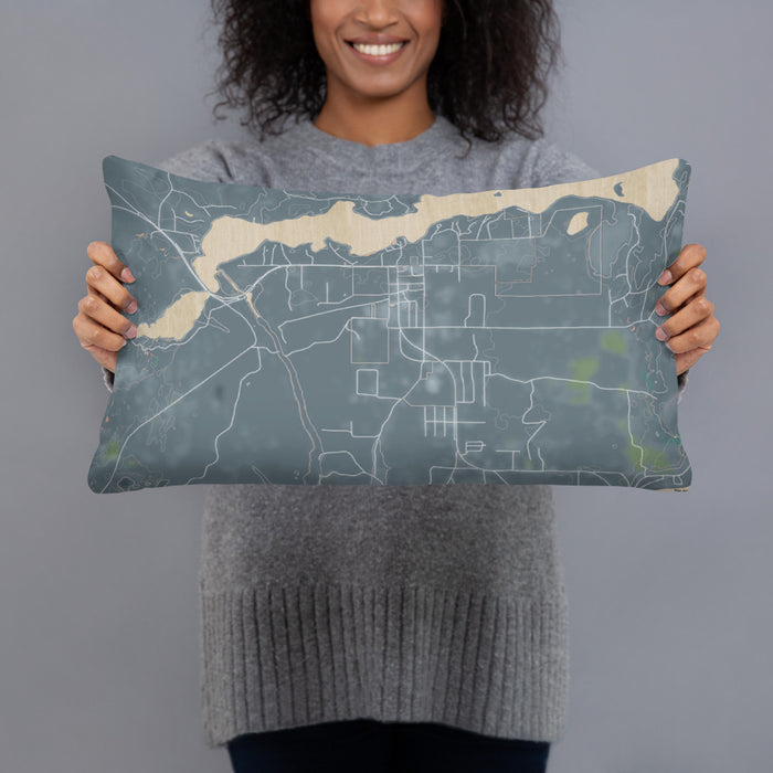 Person holding 20x12 Custom Sayner Wisconsin Map Throw Pillow in Afternoon