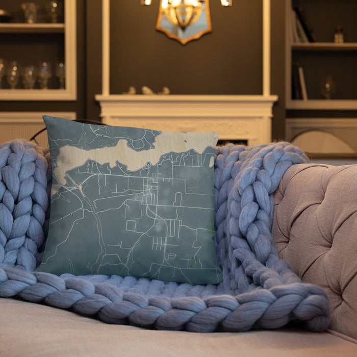 Custom Sayner Wisconsin Map Throw Pillow in Afternoon on Cream Colored Couch