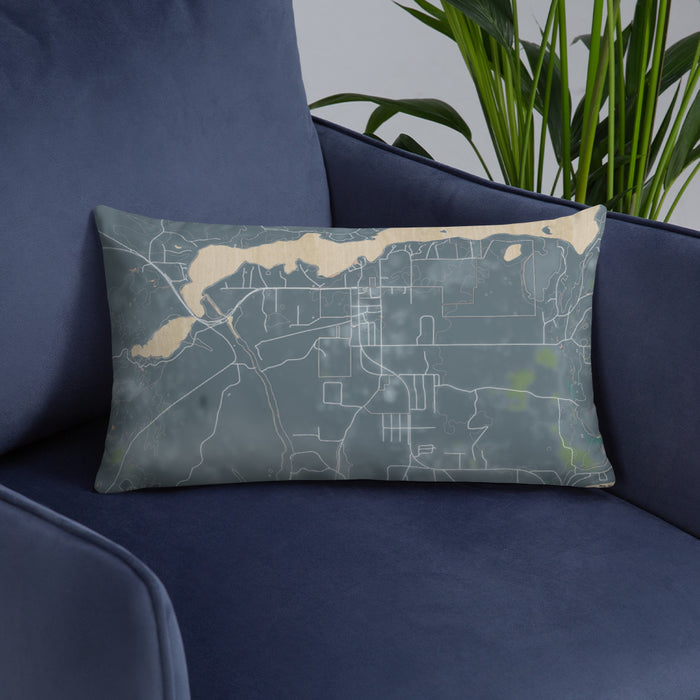 Custom Sayner Wisconsin Map Throw Pillow in Afternoon on Blue Colored Chair