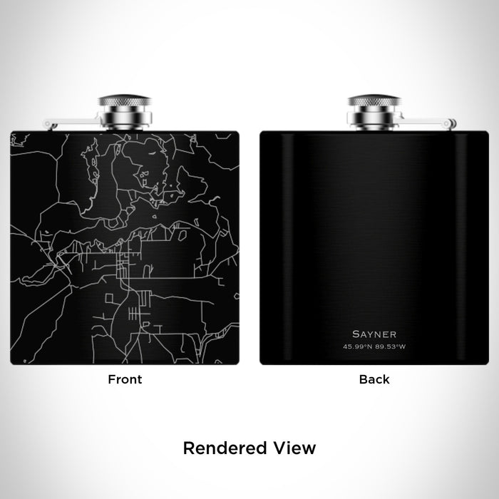 Rendered View of Sayner Wisconsin Map Engraving on 6oz Stainless Steel Flask in Black