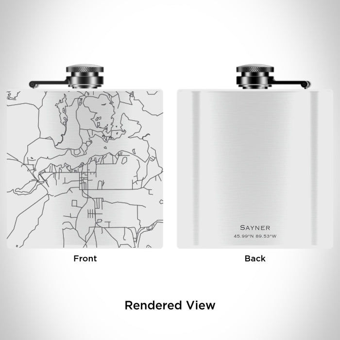 Rendered View of Sayner Wisconsin Map Engraving on 6oz Stainless Steel Flask in White
