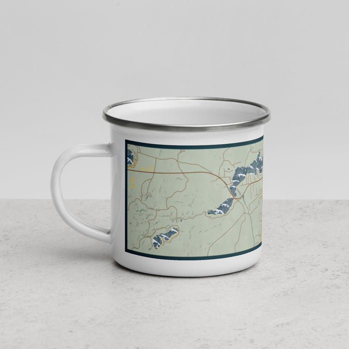 Left View Custom Sayner Wisconsin Map Enamel Mug in Woodblock