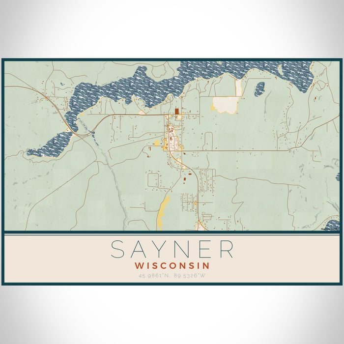 Sayner Wisconsin Map Print Landscape Orientation in Woodblock Style With Shaded Background