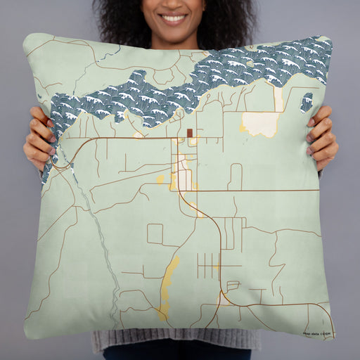 Person holding 22x22 Custom Sayner Wisconsin Map Throw Pillow in Woodblock