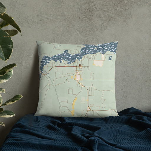 Custom Sayner Wisconsin Map Throw Pillow in Woodblock on Bedding Against Wall