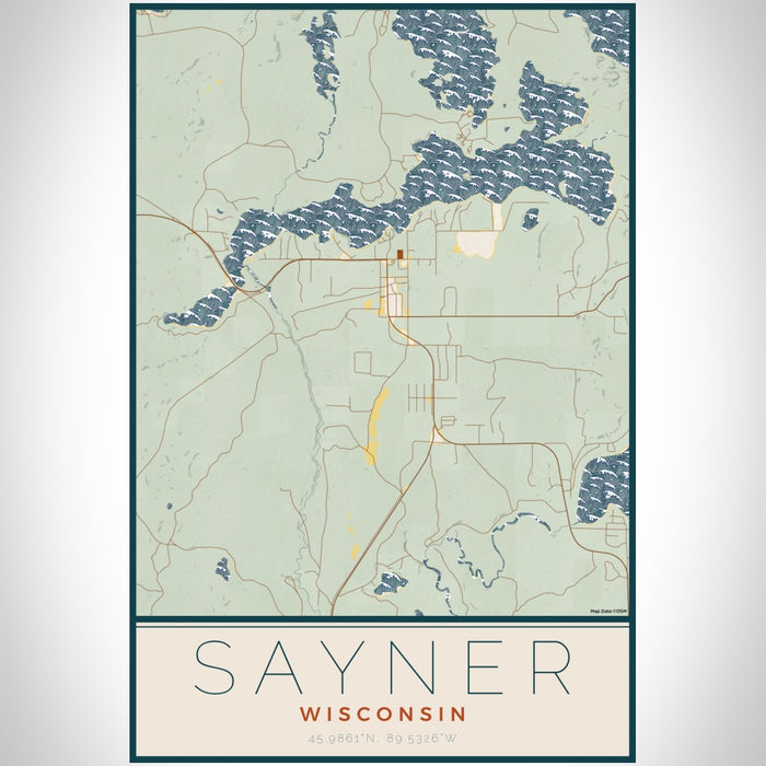 Sayner Wisconsin Map Print Portrait Orientation in Woodblock Style With Shaded Background