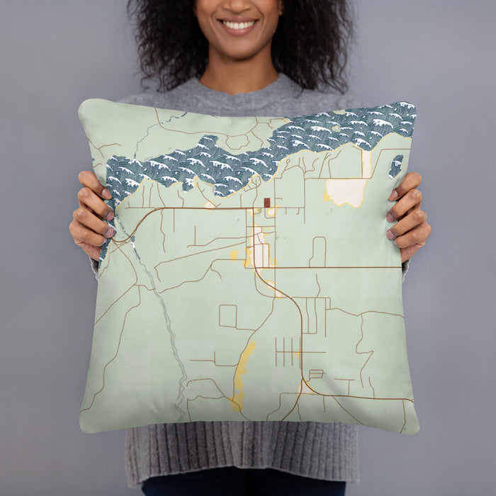 Person holding 18x18 Custom Sayner Wisconsin Map Throw Pillow in Woodblock