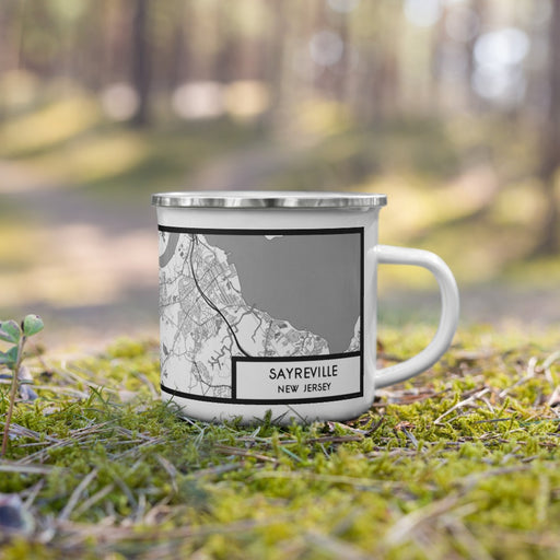 Right View Custom Sayreville New Jersey Map Enamel Mug in Classic on Grass With Trees in Background