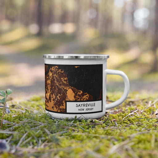 Right View Custom Sayreville New Jersey Map Enamel Mug in Ember on Grass With Trees in Background