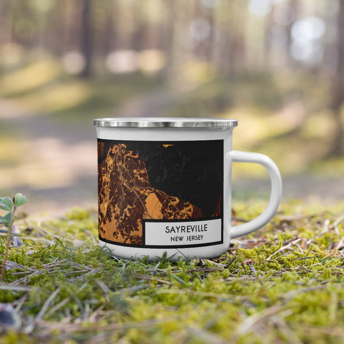 Right View Custom Sayreville New Jersey Map Enamel Mug in Ember on Grass With Trees in Background