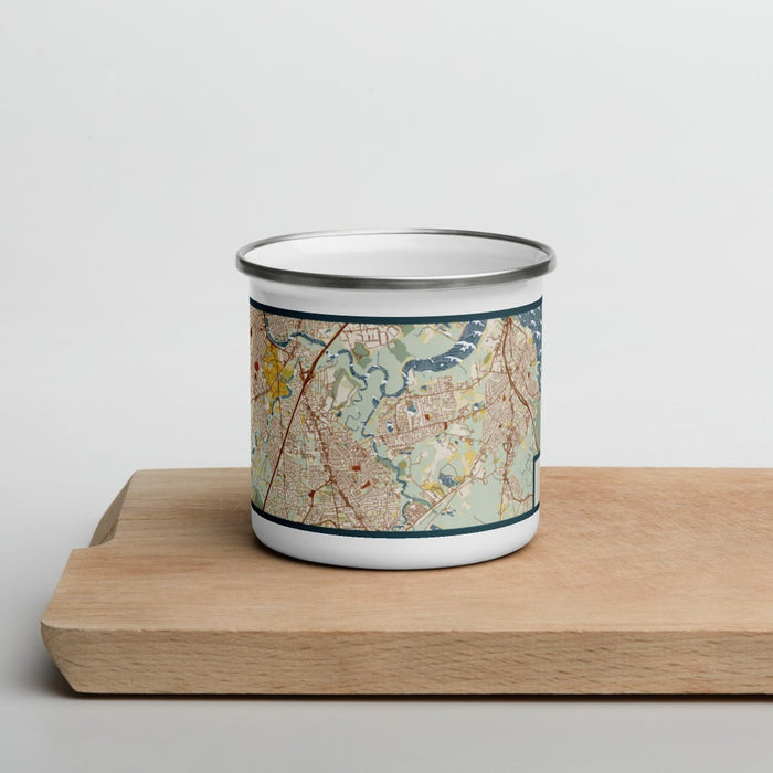 Front View Custom Sayreville New Jersey Map Enamel Mug in Woodblock on Cutting Board