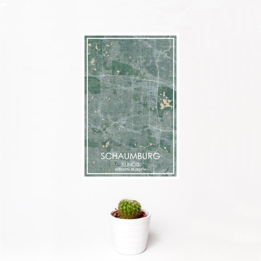 12x18 Schaumburg Illinois Map Print Portrait Orientation in Afternoon Style With Small Cactus Plant in White Planter